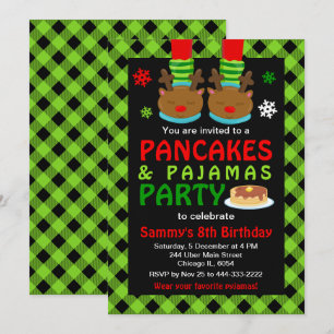 Pancakes and Pyjamas Birthday Reindeer Green Plaid Invitation