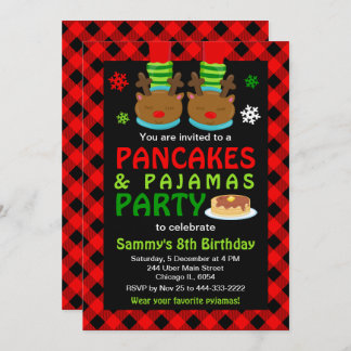 Pancakes and Pyjamas Birthday Reindeer Red Plaid I Invitation