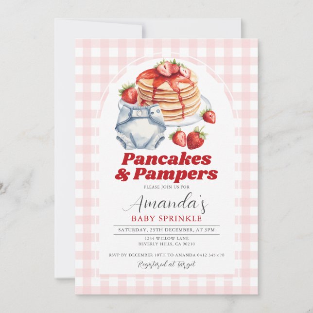 Pancakes Diaper Baby Shower Pink Gingham Invitation (Front)