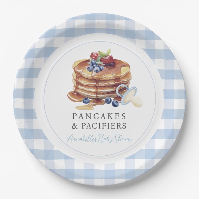 Pancakes & Pacifiers Blue Gingham Boy Baby Shower Paper Plate (Front)