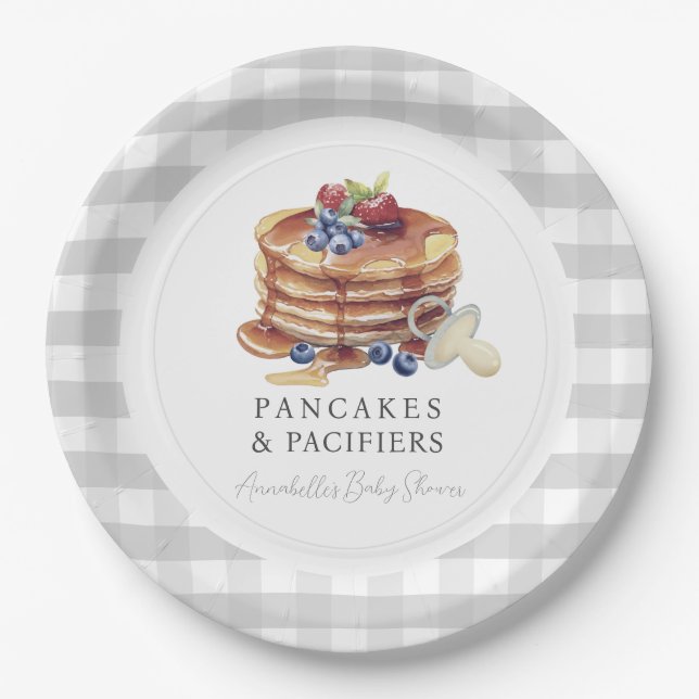 Pancakes & Pacifiers Gray Gingham Baby Shower Paper Plate (Front)
