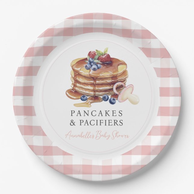 Pancakes & Pacifiers Pink Gingham Boy Baby Shower Paper Plate (Front)