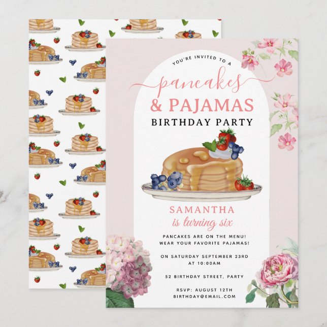 Pancakes Pajamas PJ's Girl Kids Birthday Party Invitation (Front/Back)