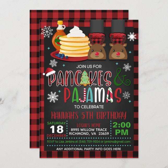 Pancakes & Pyjamas Christmas Birthday Invitation B (Front/Back)
