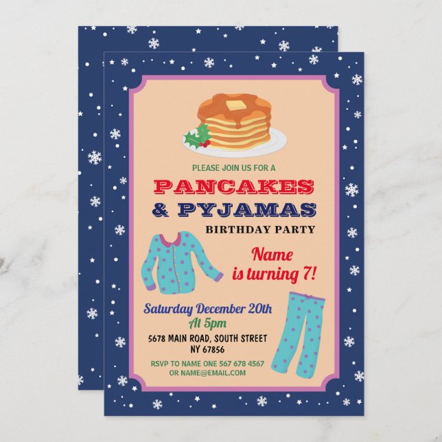 Pancakes & Pyjamas Party Christmas Birthday Blue Invitation (Front/Back)