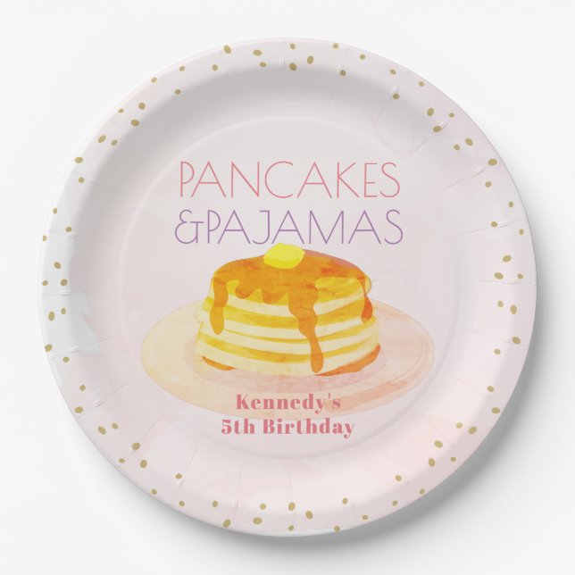 Pancakes & Pyjamas Pink Gold Birthday Paper Plate (Front)