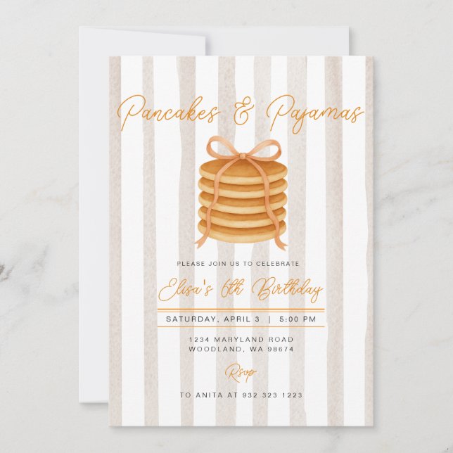 Pancakes & Pyjamas Stripe Birthday Party Invitation (Front)