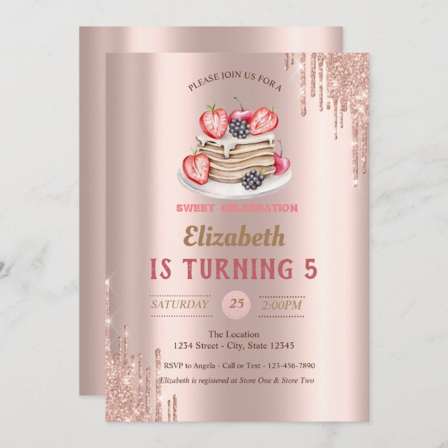 Pancakes,Rose Gold Drips Birthday Invitation (Front/Back)