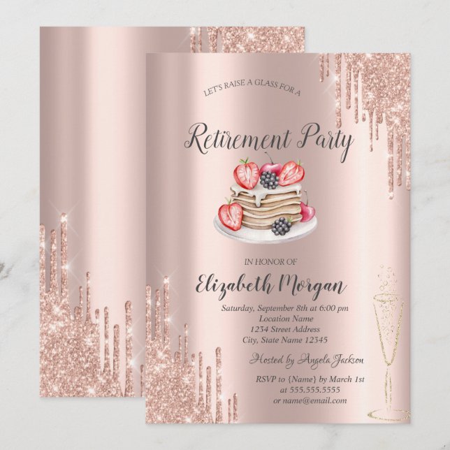  Pancakes Rose Gold Glitter Drips Retirement  Invitation (Front/Back)