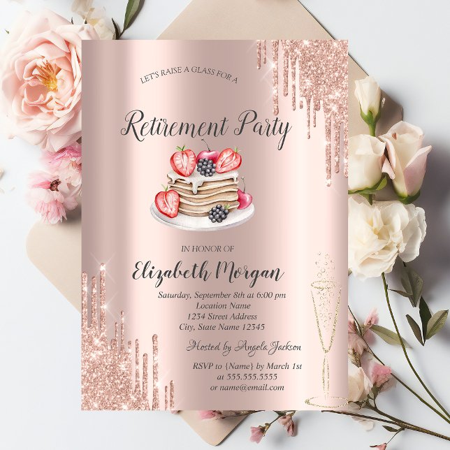  Pancakes Rose Gold Glitter Drips Retirement  Invitation (Creator Uploaded)