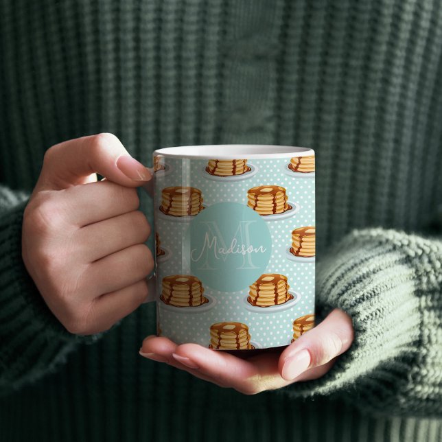 Pancakes with Maple Syrup & Polkadot Pattern  Coffee Mug (Pancake with Maple Syrup & Polkadots Pattern Monogrammed Coffee Mug)