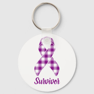 Pancreatic Cancer Survivor Plaid Purple Ribbon Key Ring