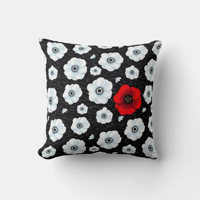 Panda Anemone and Red Poppy Throw Pillow (Front)