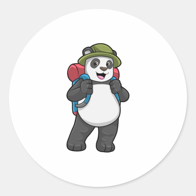 Panda as Hiker with Backpack Classic Round Sticker (Front)