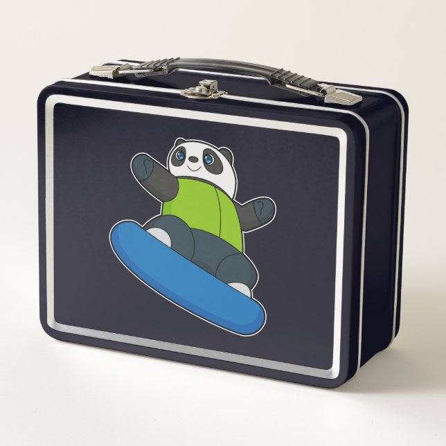 Panda as Snowboarder with Snowboard Metal Lunch Box (Front)