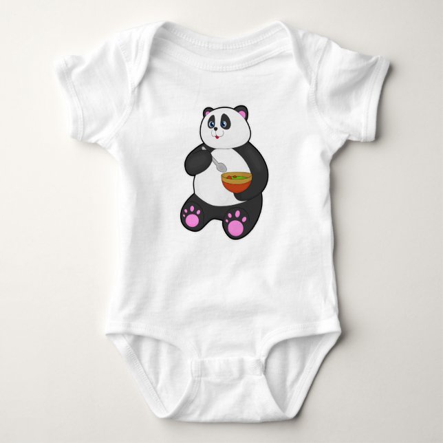 Panda at Eating with Spoon & Bowl Baby Bodysuit (Front)