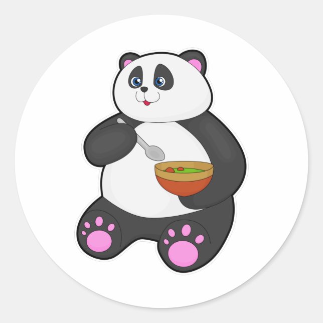 Panda at Eating with Spoon & Bowl Classic Round Sticker (Front)