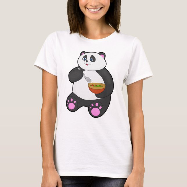 Panda at Eating with Spoon & Bowl T-Shirt (Front)