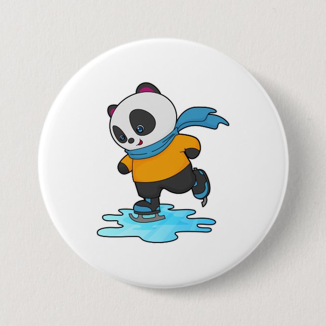 Panda at Ice skating with Ice skates & Scarf 7.5 Cm Round Badge (Front)