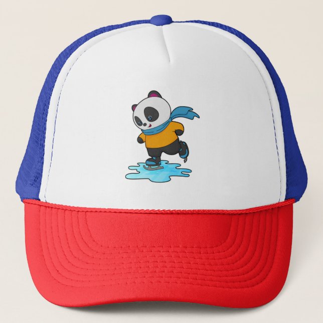 Panda at Ice skating with Ice skates & Scarf Trucker Hat (Front)