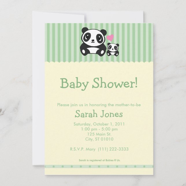 Panda Baby Shower - Green & Cream Invitation (Front)
