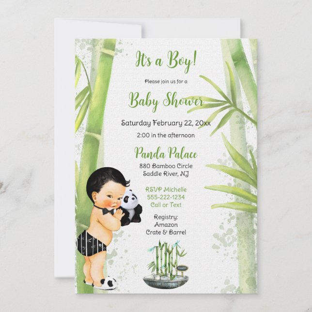 Panda Bamboo Theme Baby Boy Black White Green Invitation (Front)
