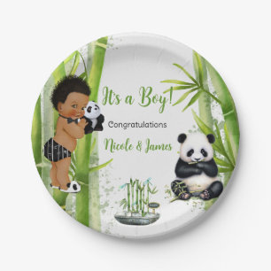 Panda Bamboo Theme Baby Boy Black White Green Paper Plate
