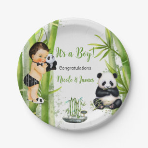 Panda Bamboo Theme Baby Boy Black White Green Paper Plate