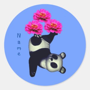 Panda Bear And Pink Zinnia Flower Personalised Classic Round Sticker