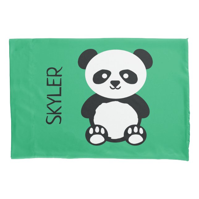 Panda Bear Animal Kawaii Kids Personalised Green Pillowcase (Front)
