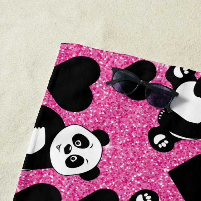 Panda Bear Animal Lover Black Hearts Pink Glitter Beach Towel (In Situ)