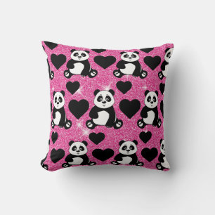 Panda Bear Animal Lover Black Hearts Pink Glitter Cushion