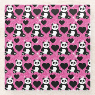 Panda Bear Animal Lover Black Hearts Pink Glitter Glass Coaster