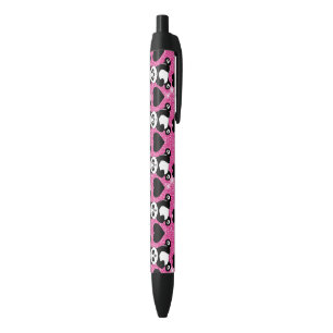 Panda Bear Animal Lover Black Hearts Pink Glitter Ink Pen