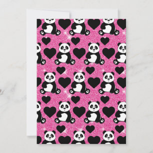Panda Bear Animal Lover Black Hearts Pink Glitter Invitation