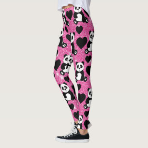 Panda Bear Animal Lover Black Hearts Pink Glitter Leggings