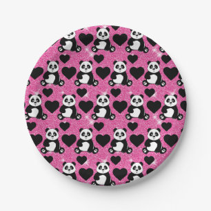 Panda Bear Animal Lover Black Hearts Pink Glitter Paper Plate