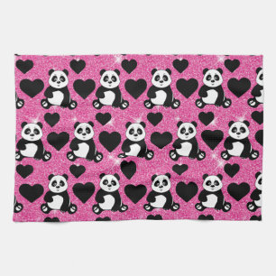 Panda Bear Animal Lover Black Hearts Pink Glitter Tea Towel