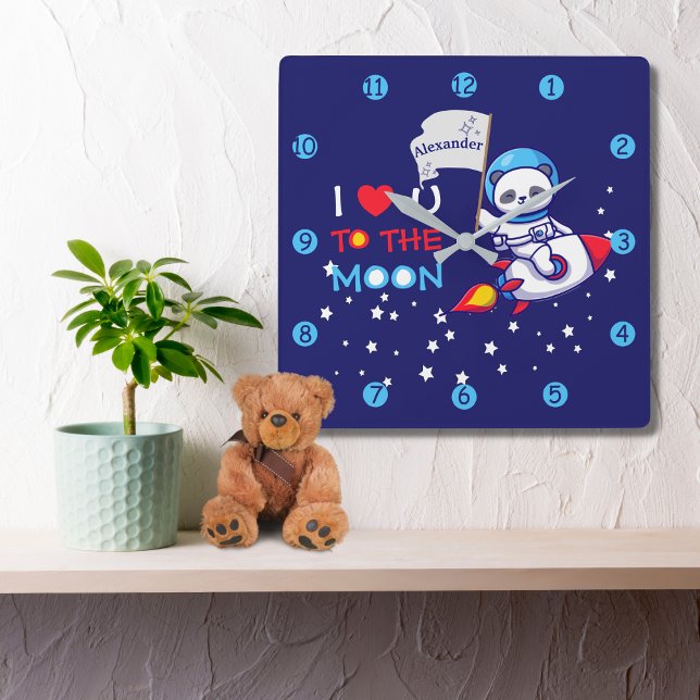 Panda bear astronaut space rocket cute kawaii kids square wall clock (Creator Uploaded)