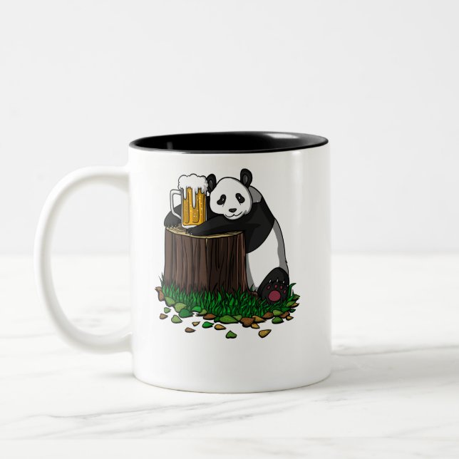 Panda Bear Beer Drinking Party Funny Animal Two-Tone Coffee Mug (Left)