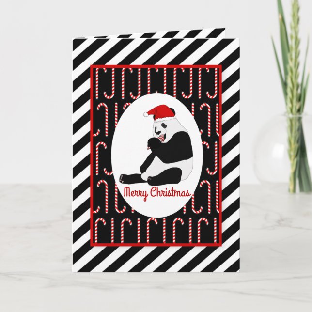 Panda Bear Candy Canes and Stripes Christmas Holiday Card (Front)
