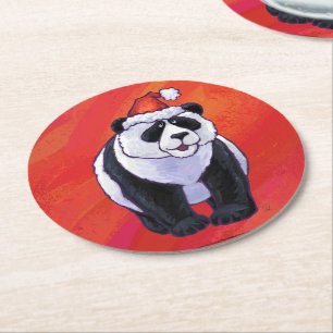 Panda Bear Christmas On Red Round Paper Coaster