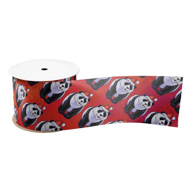 Panda Bear Christmas On Red Satin Ribbon (Spool)