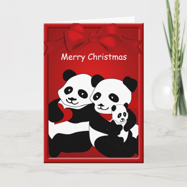 Panda Bear Couple Baby Merry Christmas Greeting Holiday Card (Front)