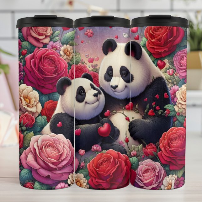 Panda Bear Couple Rose Garden Wrap Thermal Tumbler (Creator Uploaded)