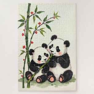 Panda Bear Couple Simple Love Ink Art Jigsaw Puzzle
