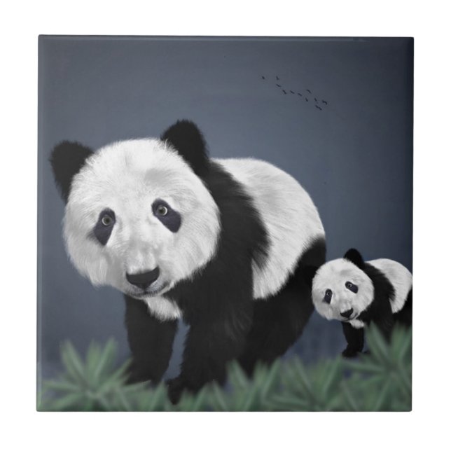 panda bear cute cuddly animal black white sweet tile (Front)