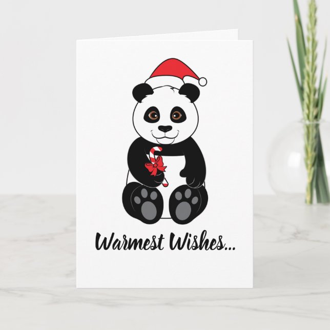 Panda  Bear Eating a Candy Cane at Christmas Holiday Card (Front)