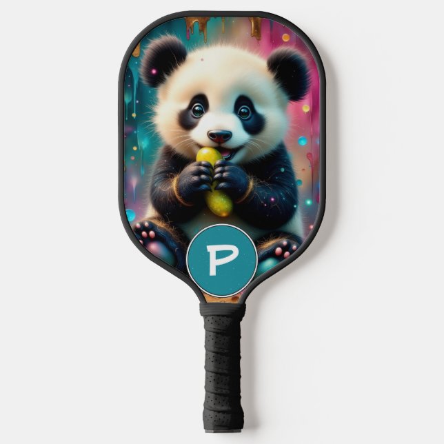 Panda Bear eats a pickle Monogram Pickleball Paddle (Front)