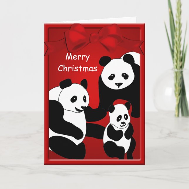 Panda Bear Family Three Merry Christmas Greeting Holiday Card (Front)